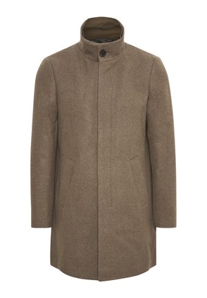 Bruin wollen overcoat met een hoge kraag, een sluiting met knopen aan de voorkant, twee zijzakken en een rechte pasvorm. Glad textuur en minimalistisch ontwerp.