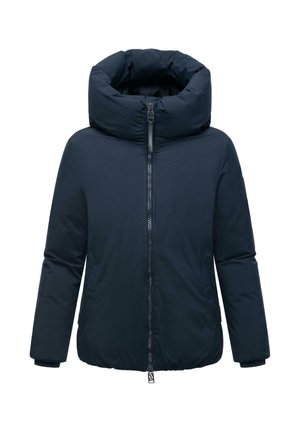 Navy plava podstavljena zimska jakna s visokim ovratnikom, prednjim patentnim zatvaračem i bočnim džepovima, dizajnirana za hladno vreme.