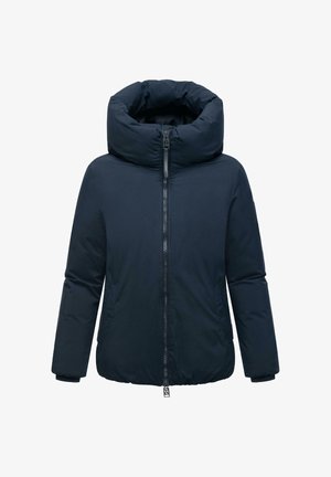 Tume sinine soojustatud talvejope kõrge kraega, ees lukk ja küljetaskud, mõeldud külma ilma jaoks.