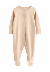 Beige Baby-Overall aus weichem Stoff, mit einem Sternenmuster in Hellrosa, vorn mit Druckknopfverschluss, langen Ärmeln und Füßchen.