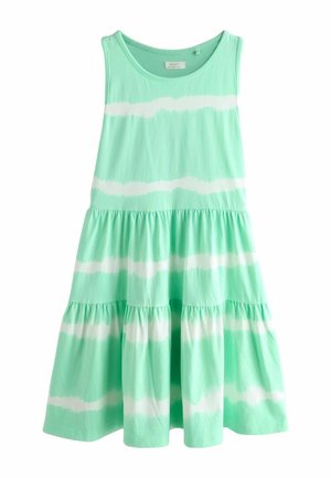 Sleeveless mint green tiered dress with white horizontal tie-dye stripes and round neckline.