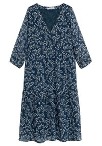 Námořnická modrá midi šaty s bílým květinovým vzorem, V-výstřih, dlouhé průhledné rukávy a detail na sešití v pase.