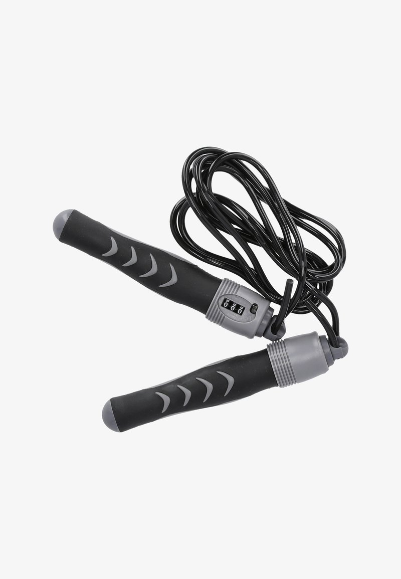 Svart hopprep med grå texturerade handtag och en digital räknare på ett handtag. Kabeln är svart och spiralformad för enkel förvaring.