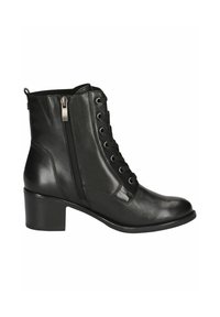Bota de cuero negro hasta el tobillo con cremallera lateral, punta redonda y tacón bajo. Presenta cordones y una textura lisa. Diseño compacto adecuado para uso casual.