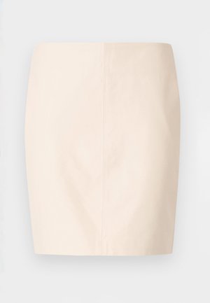 Beige fitted skirt with a smooth texture and clean lines. Features a mid-rise waist and a straight silhouette. No visible fastenings or embellishments.
