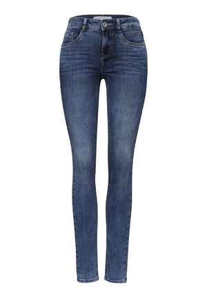 Donkerblauwe slim fit jeans met knoop- en ritssluiting, voor- en achterzakken, vervaagde details en doorgestikte naden.