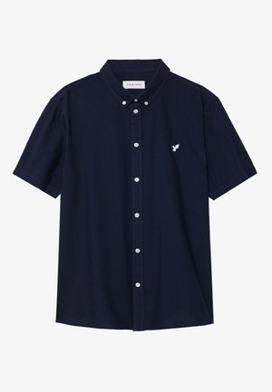 Navy short-sleeve button-up shirt made of cotton, featuring a pointed collar and a small white bird logo on the chest.
