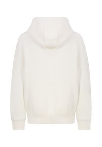 Witte oversized hoodie met een voorzak en een trekkoordcapuchon. Zachte stof, ribgebreide mouwen en zoom met een gladde, nette afwerking.