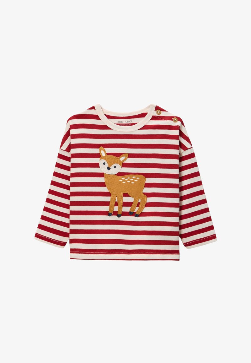 Chemise à manches longues rayée rouge et blanche avec un appliqué cerf marron au centre. Présente deux boutons-pression dorés sur un col rond.