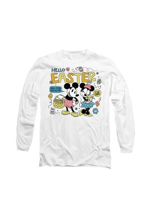 Long-sleeve white shirt with Mickey and Minnie Mouse holding Easter eggs and basket, surrounded by colorful Easter-themed text and decorations.