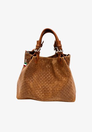 Tan woven leather handbag with two top handles, silver hardware accents, and a small Italian flag tag. Textured, spacious design.