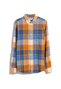 Langarm geruit overhemd met oranje, blauwe en beige vierkanten. Kraag met knopen, voorzak en zachte stofstructuur.