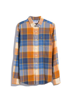 Langarm geruit overhemd met oranje, blauwe en beige vierkanten. Kraag met knopen, voorzak en zachte stofstructuur.
