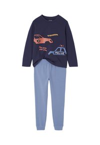 Children's two-piece pajama set with navy long-sleeve top featuring car and police car prints, paired with light blue elastic-waist pants.