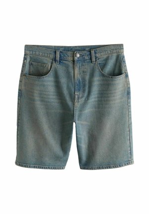 Világoskék farmer rövidnadrág elején gombbal, övbújtatókkal, két első zsebbel és egy kis aprópénz-zsebbel.