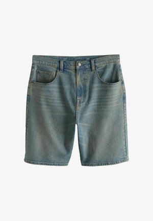 Világoskék farmer rövidnadrág elején gombbal, övbújtatókkal, két első zsebbel és egy kis aprópénz-zsebbel.