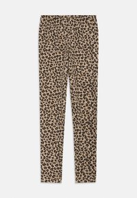 Leggins leopardikuvioissa beigen värisessä kankaassa, joka on sileäpintainen. Varustettu joustavalla vyötärönauhalla ja kapealla leikkauksella.