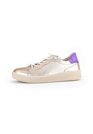 Metallic silver sneaker with a textured surface, featuring a purple suede accent at the heel, white laces, and a beige rubber sole.