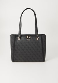 Black tote bag with textured finish, featuring dual handles, gold-tone hardware, and embossed logo pattern on fabric. Square shape.