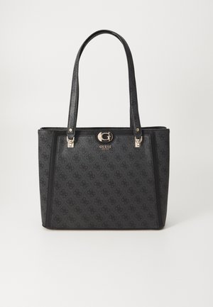 Sac fourre-tout noir avec finition texturée, doté de poignées doubles, de quincaillerie dorée et d'un motif de logo en relief sur le tissu. Forme carrée.