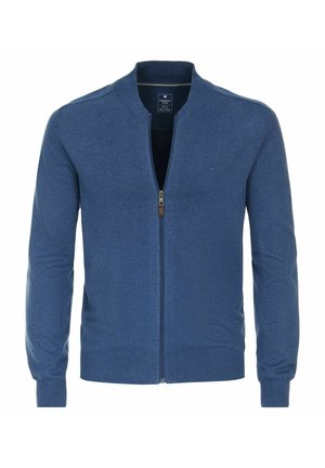 Blue zip-up cardigan with a stand collar, ribbed cuffs, and waistband. Made of soft, textured material. Features a small logo on the chest.