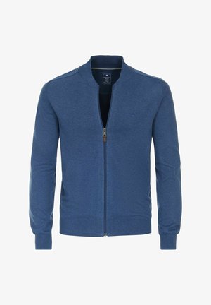 Blauer Reißverschluss-Kardigan mit Stehkragen, gerippten Bündchen und Saum. Hergestellt aus weichem, strukturiertem Material. Verfügt über ein kleines Logo auf der Brust.