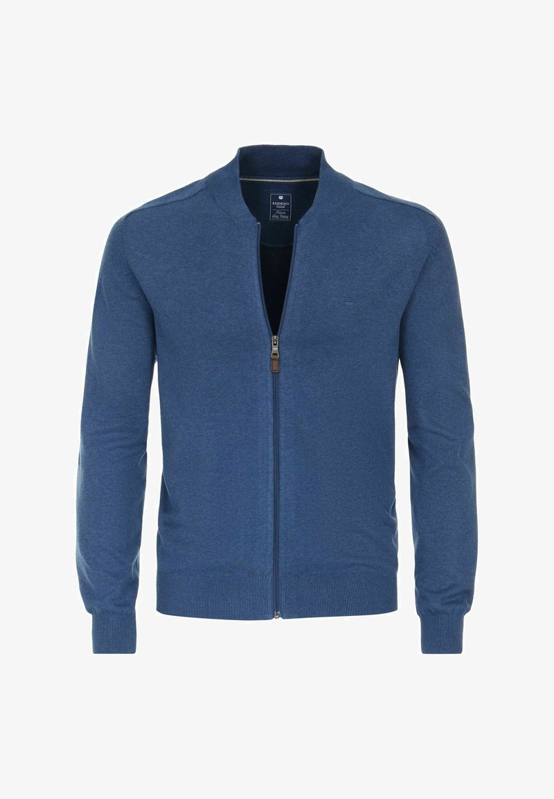 Blauer Reißverschluss-Kardigan mit Stehkragen, gerippten Bündchen und Saum. Hergestellt aus weichem, strukturiertem Material. Verfügt über ein kleines Logo auf der Brust.