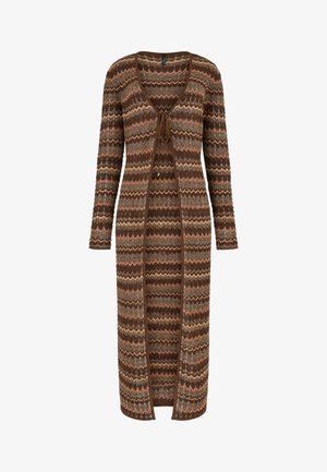 Long brown knit cardigan with multicolored zigzag pattern, tie-front closure, and long sleeves.
