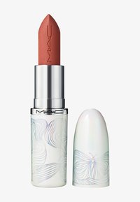 Rouge à lèvres MAC avec un raisin mat de couleur brun rosé. Conçu avec un tube blanc irisé et brillant, orné d'un dessin délicat de fleurs et de papillons.