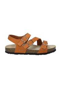 Sandalo in pelle arancione con due cinturini regolabili, una soletta in sughero testurizzata e una suola in gomma nera. Presenta fibbie in metallo e dettagli di cucitura.