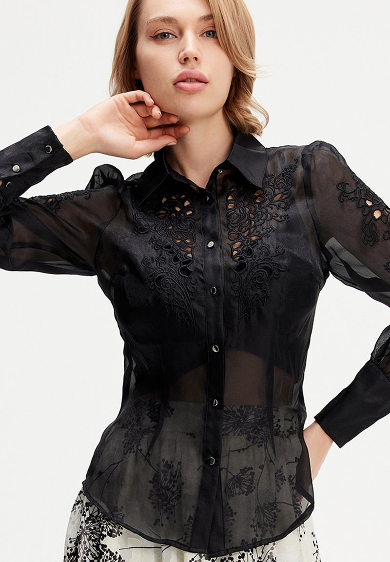 Chemisier noir transparent avec des manches longues, fermeture à boutons à l'avant, détails de broderie élaborés et motifs floraux à l'ourlet.