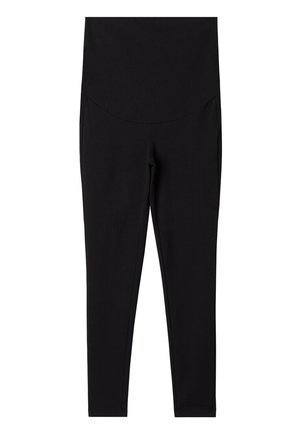 Czarne legginsy ciążowe z wysokim, elastycznym paskiem zaprojektowane tak, aby wygodnie podtrzymywać brzuch, z długimi, dopasowanymi nogawkami.