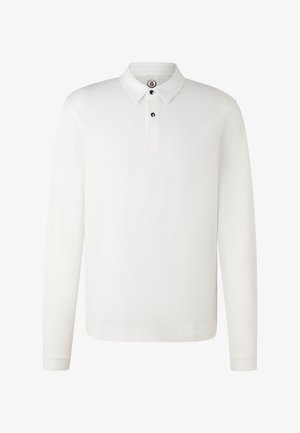 Witte polo met lange mouwen en kraag, voorzien van twee zwarte knopen, met een subtiele geborduurde logo op de borst en een merkknopdetail aan de binnenkant van de kraag.