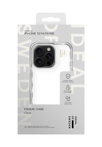 Custodia trasparente progettata per iPhone 13/14/15/16E con bordo testurizzato, dettagli di design protettivi e uno stile di imballaggio minimalista.