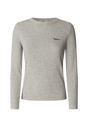 T-shirt gris �à manches longues en tissu côtelé, avec un col rond et un petit logo noir sur la poitrine.
