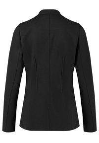 Veste noire cintrée avec manches longues, épaules structurées et coutures arrière ajustées. Tissu lisse avec un design épuré et minimaliste.