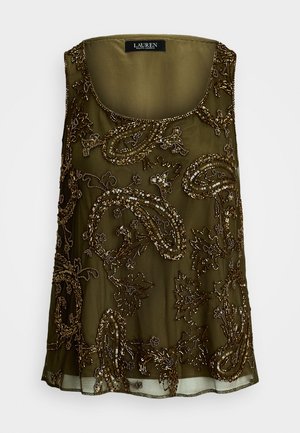 Olívazöld, ujjatlan felső kerek nyakkivágással, mely finom gyöngy- és flittermintás paisley mintákkal díszített áttetsző anyagon.