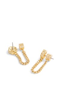 Guldörhängen med en blommig design och en kedjelänk som förbinder två stift. Stiften har en polerad yta med en liten stenaccent.