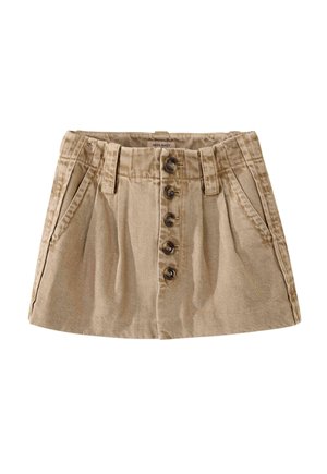 Beige cotton mini skirt with a button front, pleats, and side pockets. Features five dark buttons and belt loops at the waist.