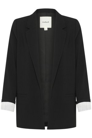 Sort blazer med en struktureret design, der har en sjalskrave, to frontlommer og opkrøllede stribede ærmer.