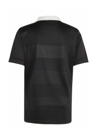 Zwart polo shirt met korte mouwen, voorzien van een witte kraag en een gestructureerd meshontwerp met horizontale strepen. Gemaakt van lichtgewicht stof.