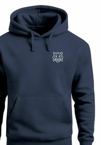 Navy blue hoodie made of soft fabric, featuring a front kangaroo pocket and a white line-drawn tiger graphic on the left chest area.