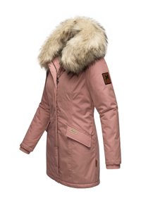 Pink parka jacket with a faux fur hood, zip closure, front pockets, ribbed cuffs, and a textured patch on the sleeve.