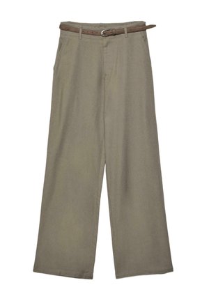 Pantalon beige à jambes larges avec poches avant et une ceinture fine marron ornée d'une petite boucle, présenté sur un fond blanc.