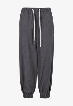 Grijze relaxte broek van lichtgewicht stof. Beschikt over een elastische tailleband met een trekkoord en elastische boorden bij de enkels.