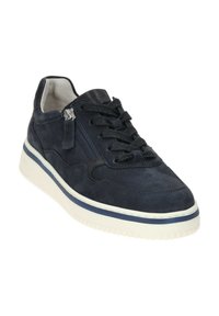 Navy suede sneaker with textured surface, lace-up front, side zipper, and white rubber sole featuring blue accent stripe.
