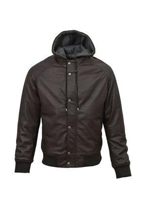 Chaqueta bomber de cuero marrón con un forro interior gris, capucha ajustable, botones a presión y puños y dobladillo acanalados. Diseño clásico con un acabado texturizado.