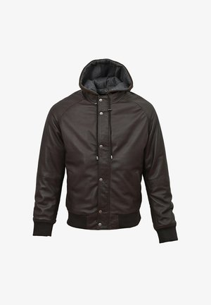 Braune Lederbomberjacke mit grauem Innenfutter, verstellbarem Kapuzen, Druckknöpfen und gerippten Bündchen und Saum. Klassisches Design mit strukturierter Oberfläche.