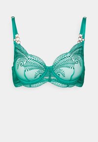 Sutiã verde-água com malha transparente, bordado floral e bordas em forma de onda. Apresenta ferragens decorativas nas alças. Design com aro para suporte.