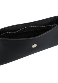 Fekete bőr clutch táska cipzárral a tetején, arany színű fémmel és több belső rekesszel. Simaság és elegáns, megnyúlt forma jellemzi.